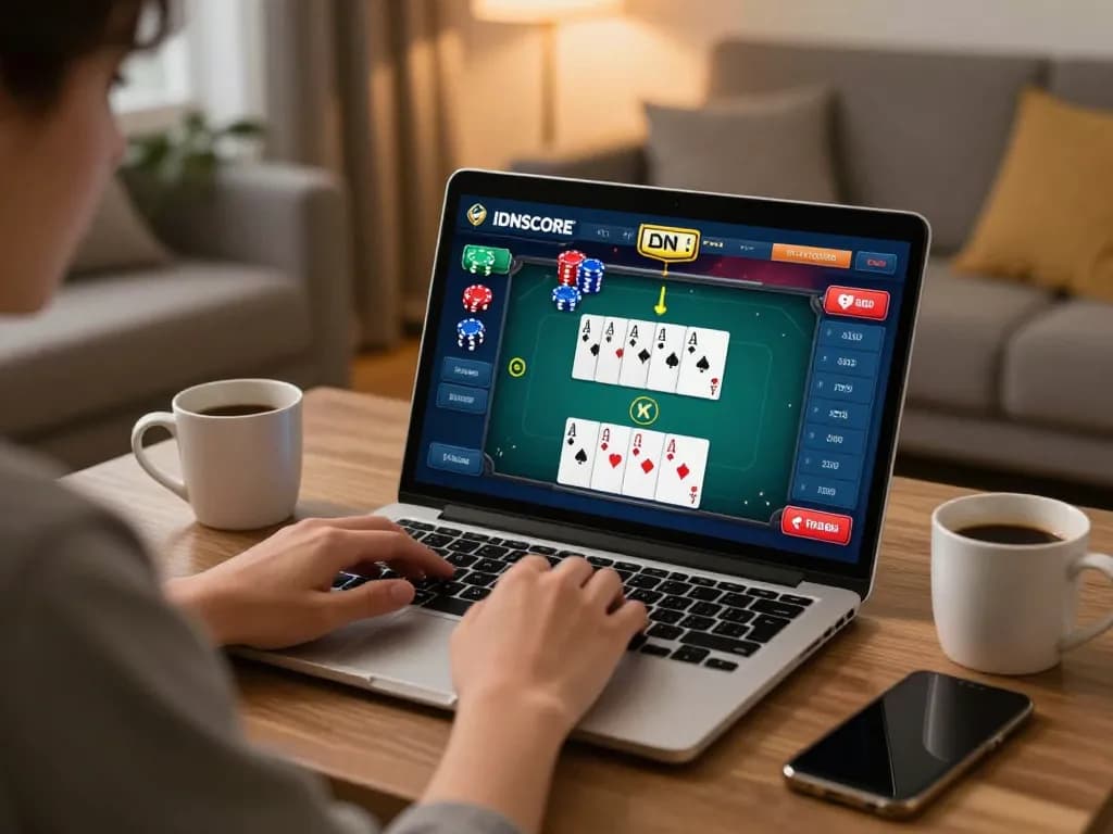 IDNSCORE online poker gameplay with player focusing on strategy and decision-making in a comfortable setting.