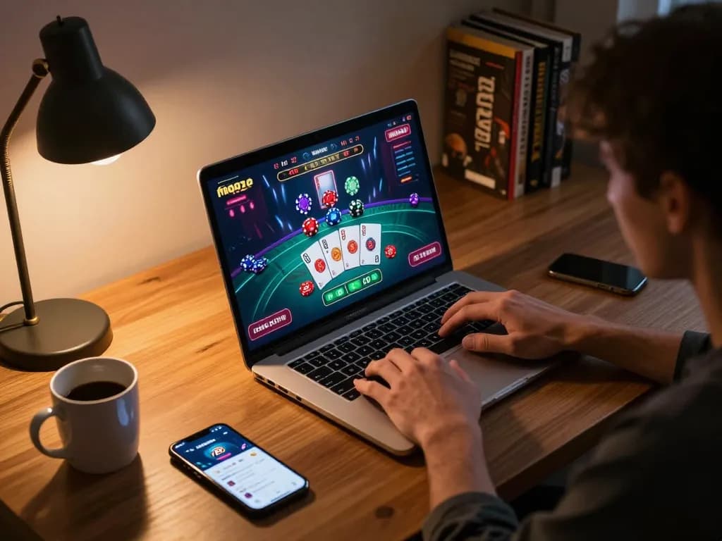 Player engaging with the 78win app in a cozy home gaming setup, showcasing online casino action.