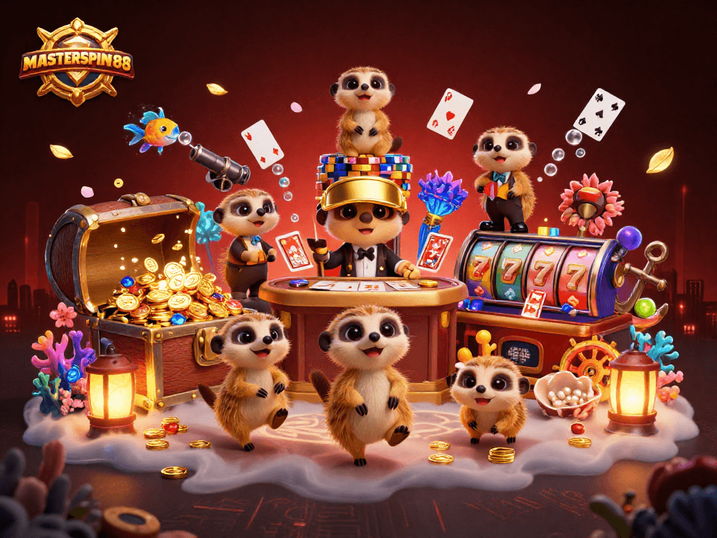 Masterspin188 showcases energetic meerkats running a vibrant casino with dynamic game elements.