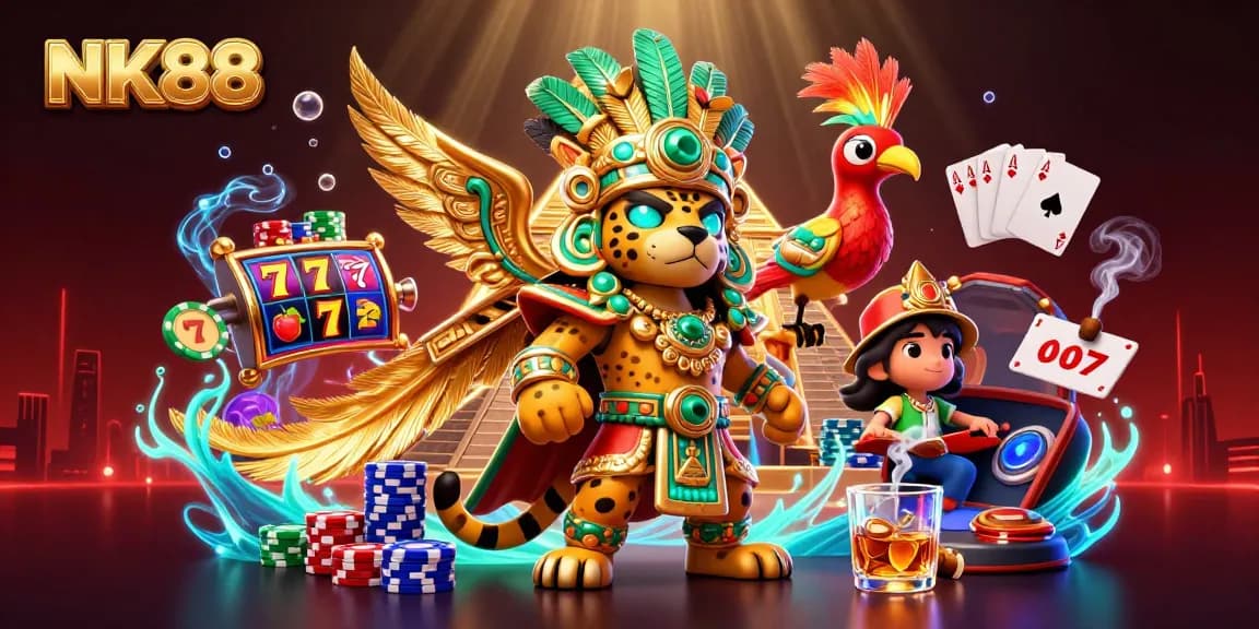 Engage in thrilling gameplay at NK88 with vibrant slot reels and rich casino elements.