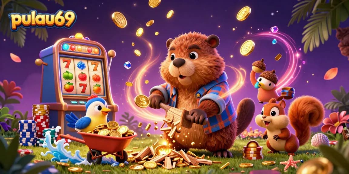 Experience pulau69's top slots with a cartoon beaver chopping a coin tree in a vibrant casino scene.