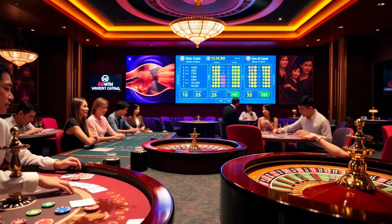 Bettors enjoying thrilling games at the glamorous casino with tin tức 68win updates.
