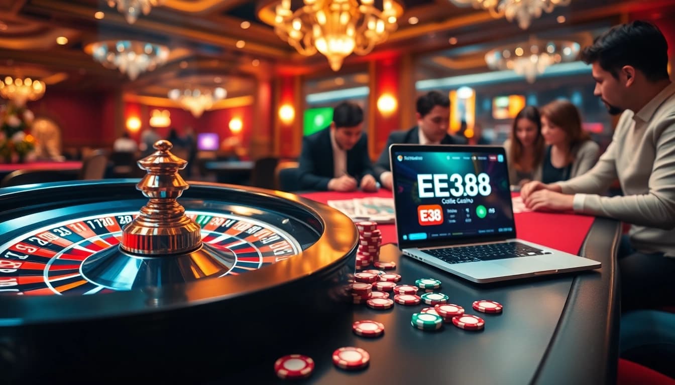Engaging casino scene representing tin tức ee88 with dynamic gaming elements and luxurious ambiance.