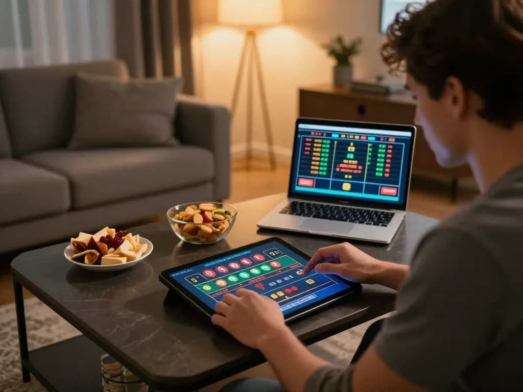 OK8386 player engaging in live dealer games on a tablet in a cozy home setting.