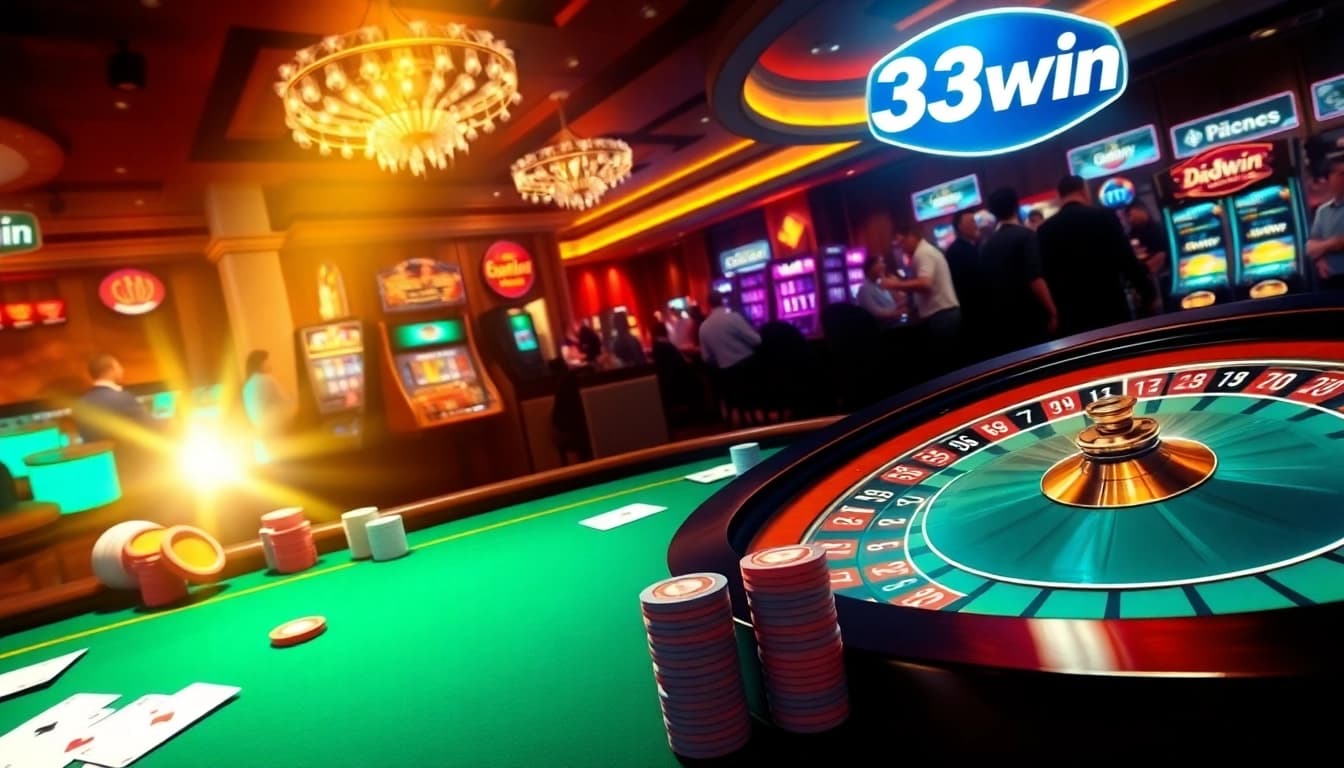 Experience the excitement of 33win with a vibrant casino scene showcasing poker, roulette, and slot machines.