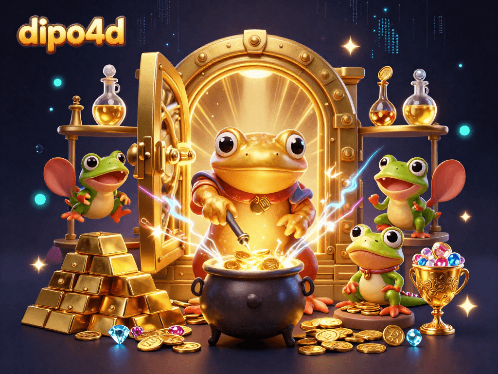 Dive into dipo4d with a dynamic 3D illustration showcasing gold coins, treasure elements, and enchanting magical ambiance.