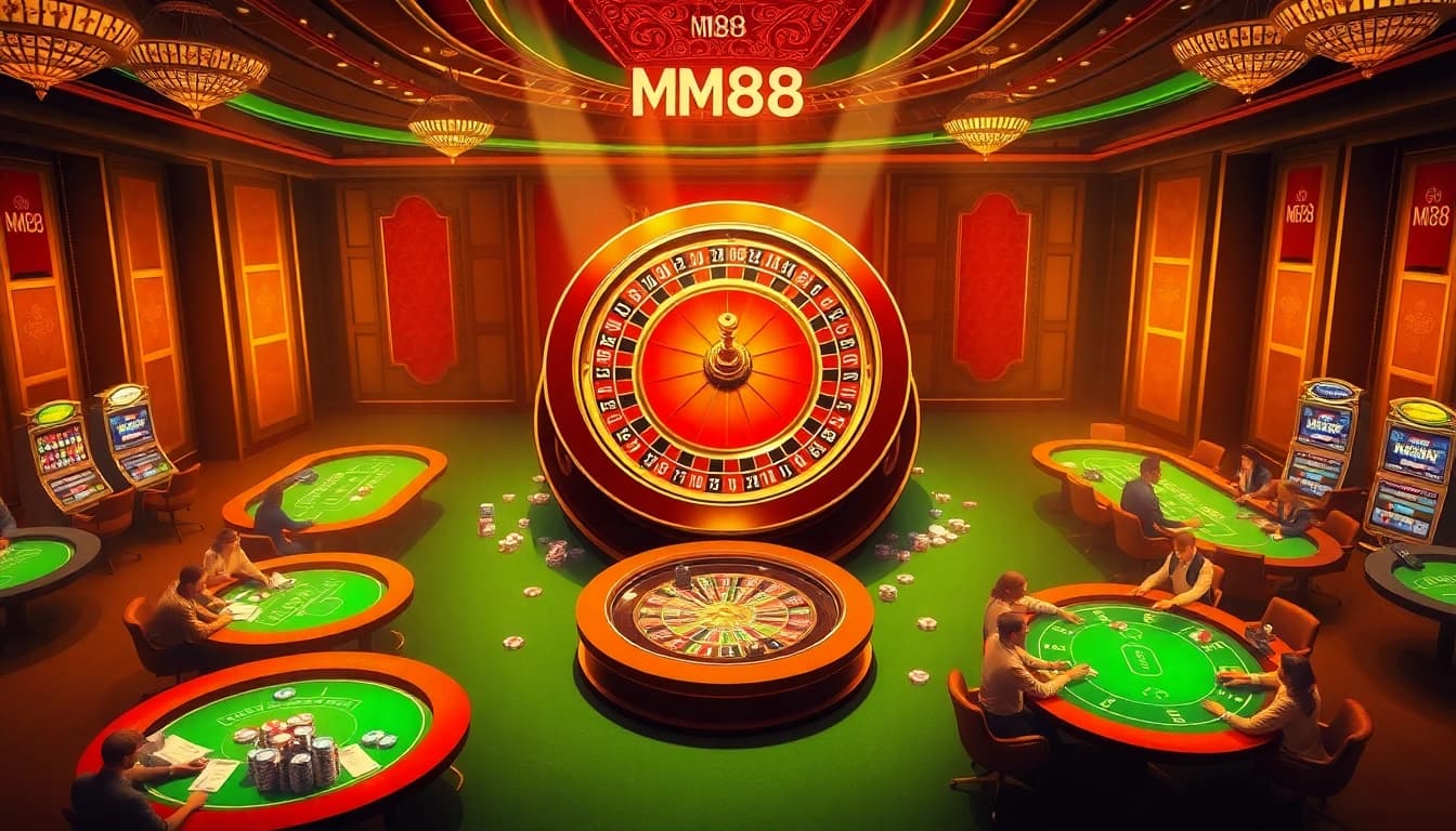 Exciting casino scene showcasing MM88 branding with players at roulette and poker tables.