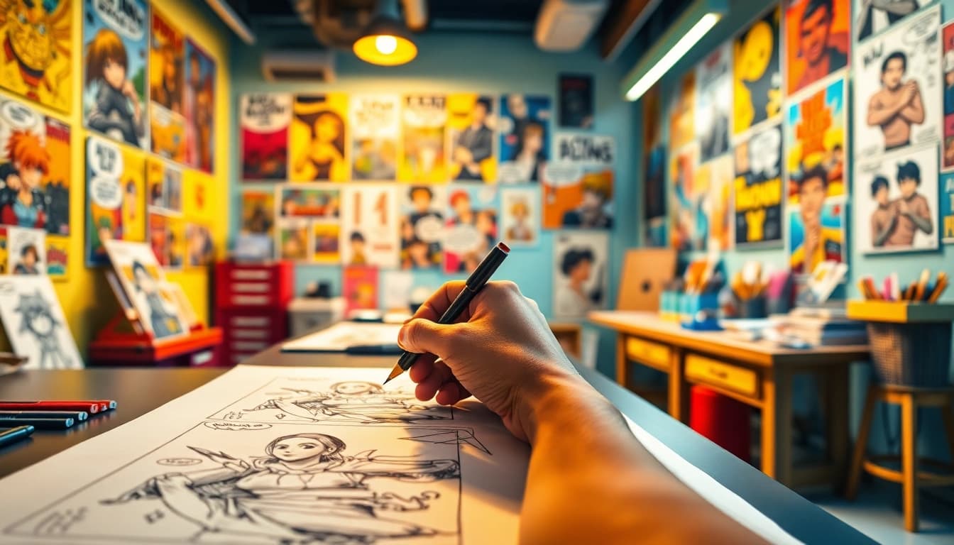 Gambar karakter shinigami yang sedang digambar oleh seniman komik di studio yang penuh warna.