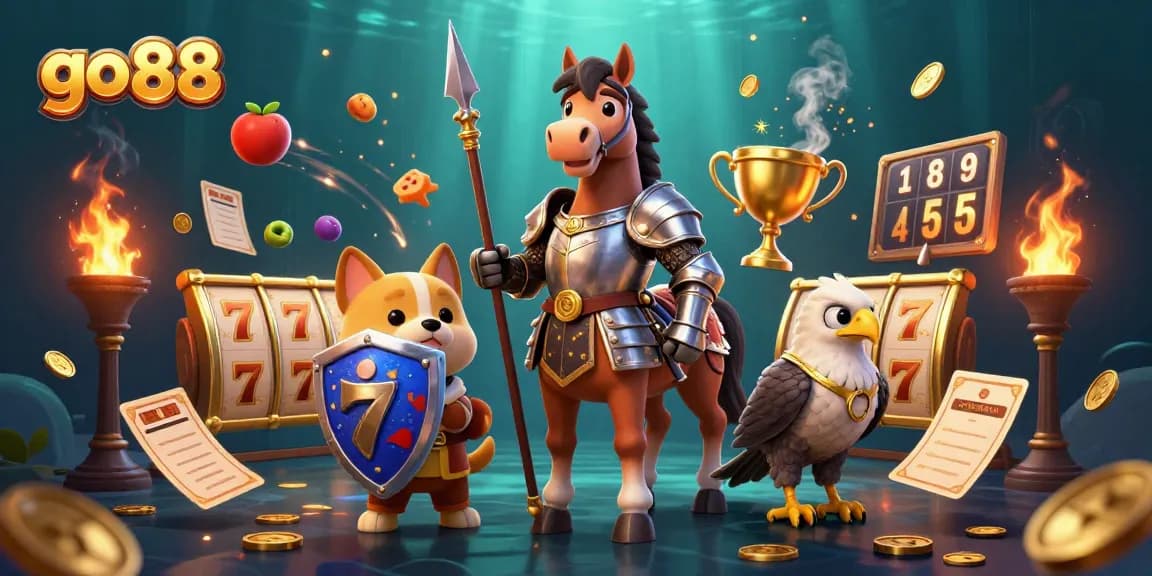 Engage in thrilling gameplay at go 88 with exciting slot reels, luxurious trophies, and vibrant casino elements.