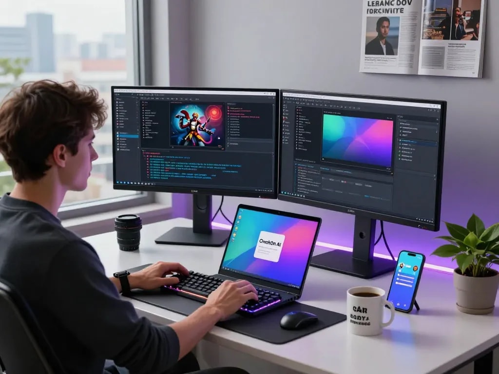 CrushOn AI developer engaged in character creation at a high-tech workspace.