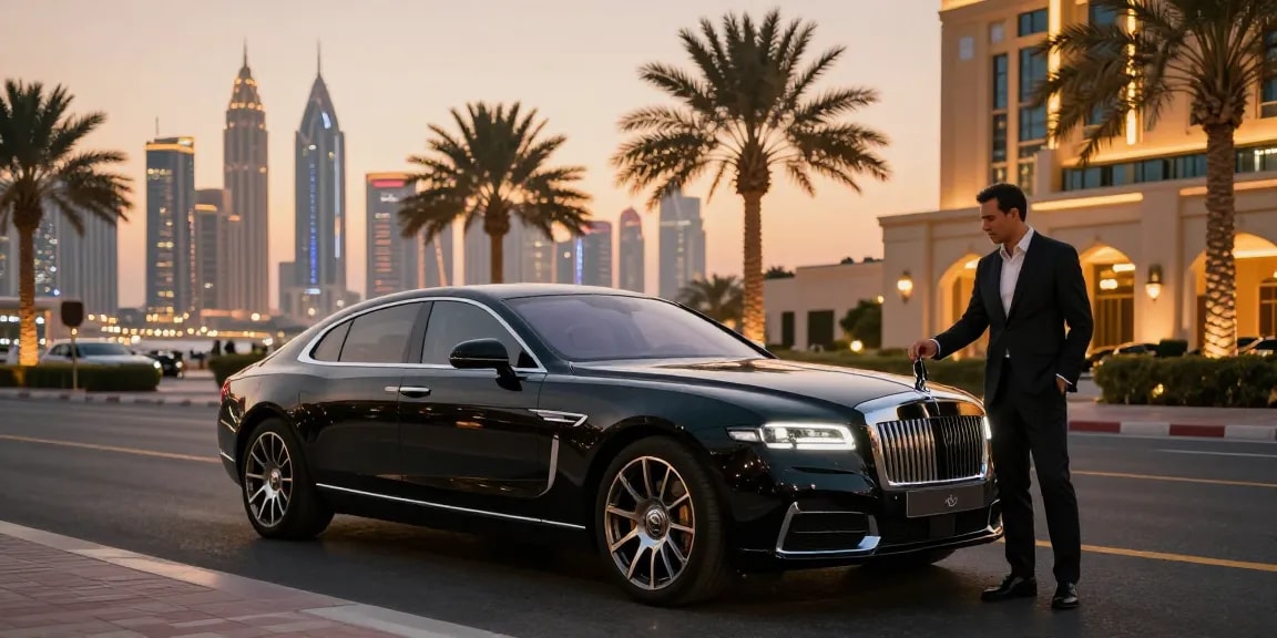 Pengalaman menyewa mobil mewah LUXURY 777 di Dubai dengan pemandangan kota yang menakjubkan.