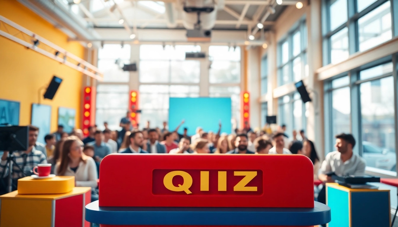 Engaging quiz setup featuring a lively audience and colorful quiz board.