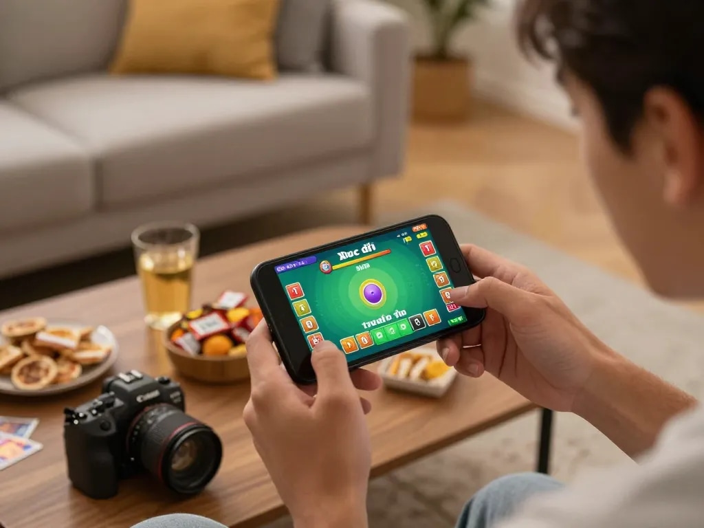 Xóc đĩa trực tuyến game interface displayed on smartphone, capturing player immersed in online gambling.