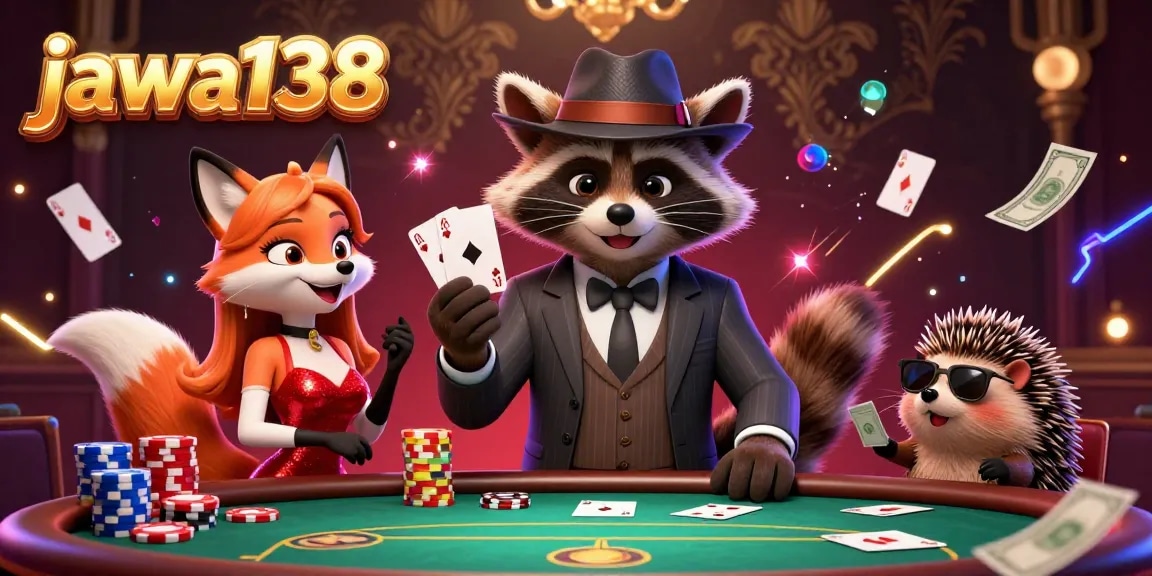 jawa138 showcases an exciting poker scene with a raccoon, fox, and hedgehog, capturing thrilling gameplay.