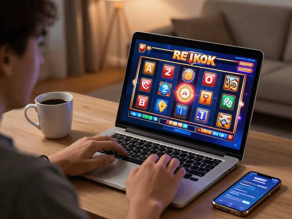 Player enjoying a thrilling slot resmi game on a laptop in a cozy setting.