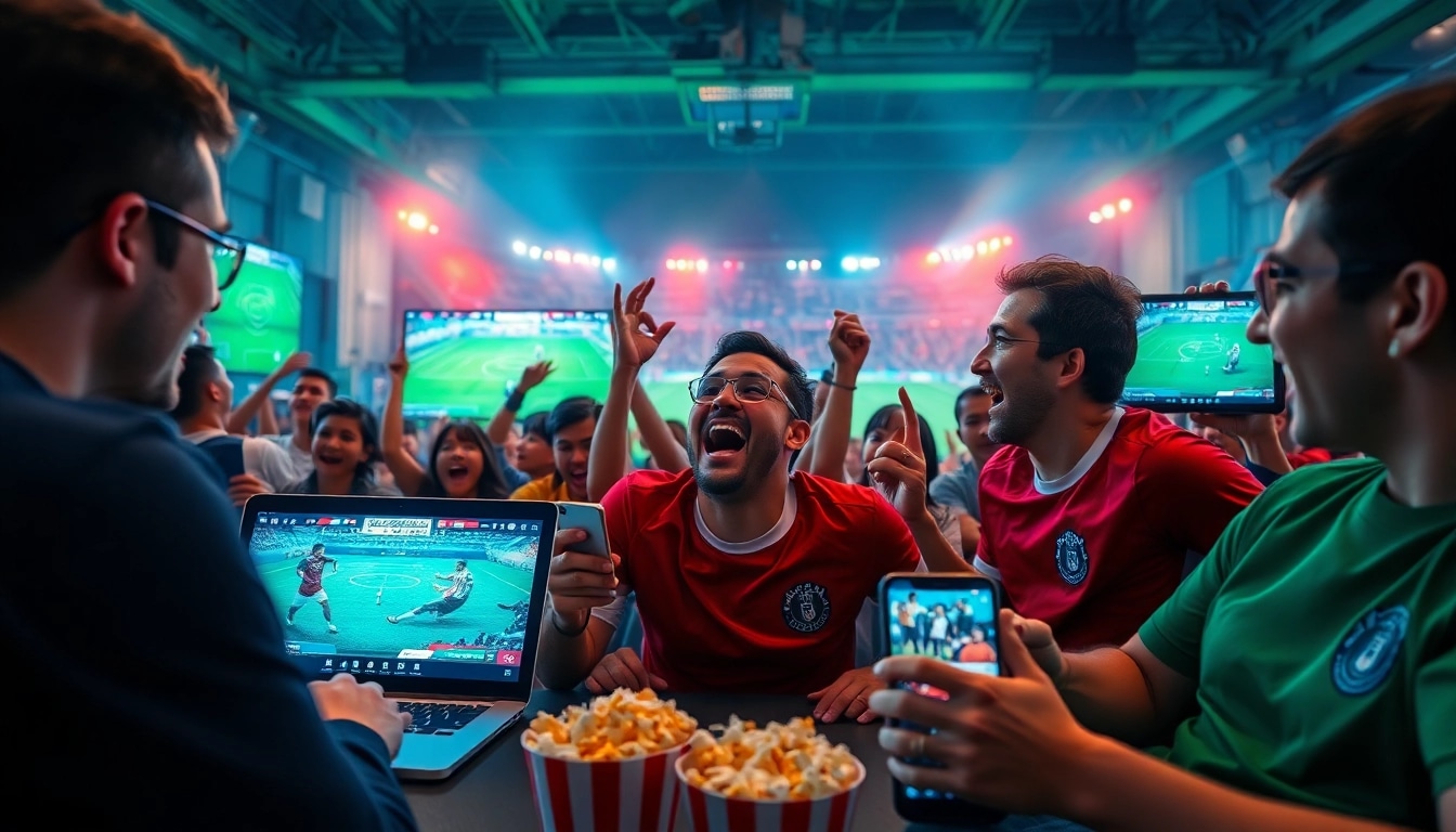 Engaged fans enjoying cakhia tv trực tiếp bóng đá on multiple devices with excitement.