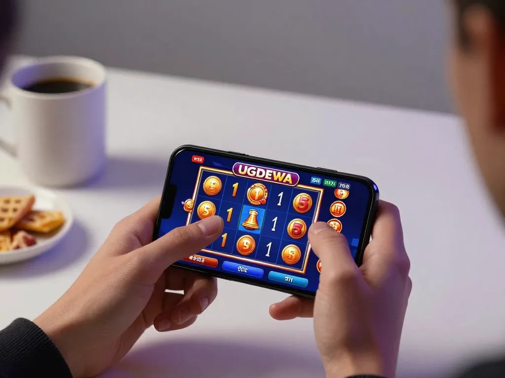 Engaging in slot gaming on UGDEWA with a smartphone, displaying colorful graphics.