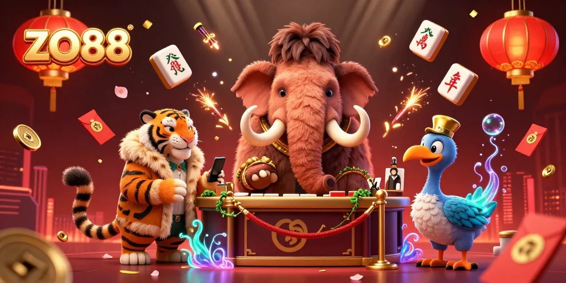 Experience thrilling action at zo88 with a cartoon mammoth checking IDs at a vibrant casino entrance.