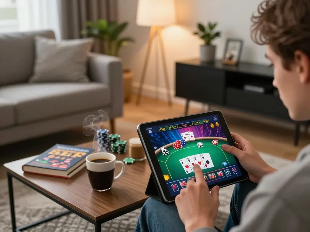 Engaging in online casino gameplay at https://88bet.zone/ on a cozy tablet setup in modern living room.