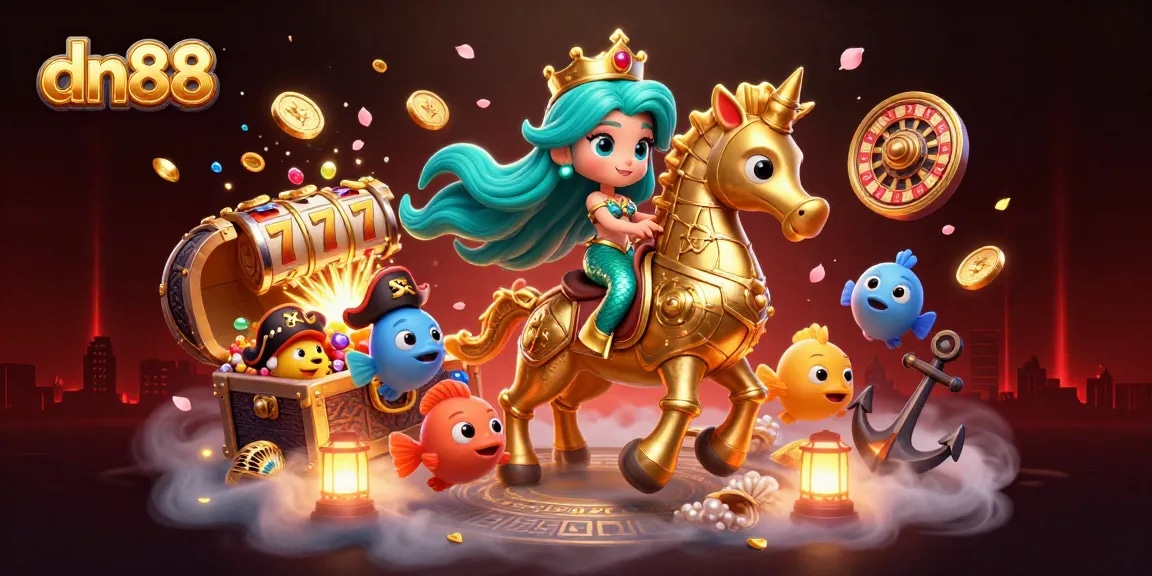 Engage with dn88's vibrant casino scene featuring a mermaid princess and gold-filled treasures.