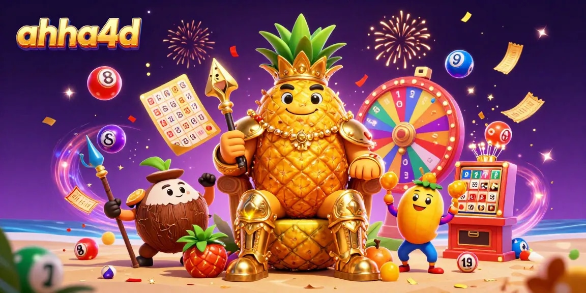 Engage with ahha4d's vibrant lottery scene featuring a golden pineapple king and dynamic lottery elements.