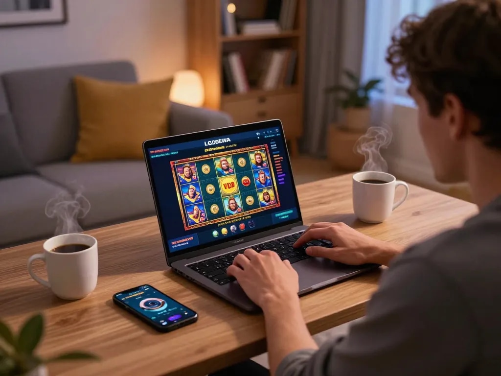 Player engaging with LGODEWA demo slots on laptop in cozy home gaming environment