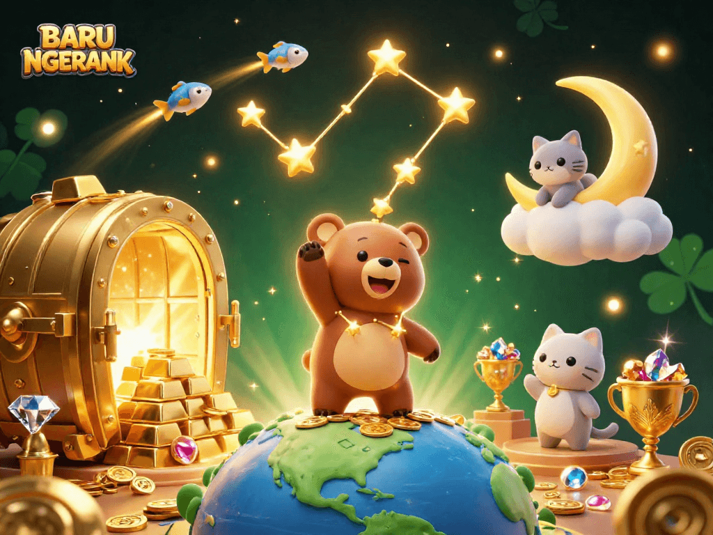 Join the excitement with BARU NGERANK as the constellation bear scoops coins and treasures in this vibrant scene.