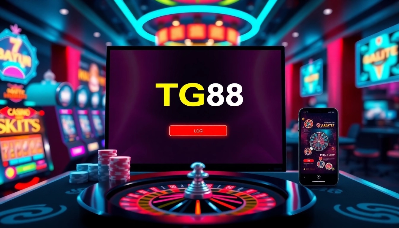 Logging into TG88 đăng nhập with vibrant casino imagery of slot machines and poker chips.