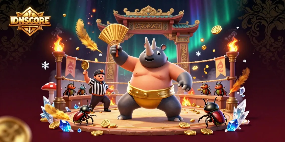 IDNSCORE showcases an engaging 3D illustration of a sumo champion beetle amidst a dynamic gaming arena.