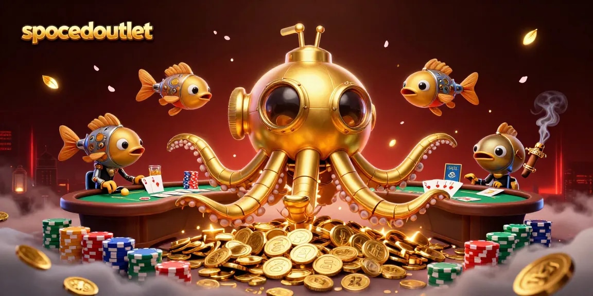 Spacedoutlet menyajikan ilustrasi 3D menarik dengan karakter kraken emas di lautan koin, menciptakan suasana kasino yang seru.