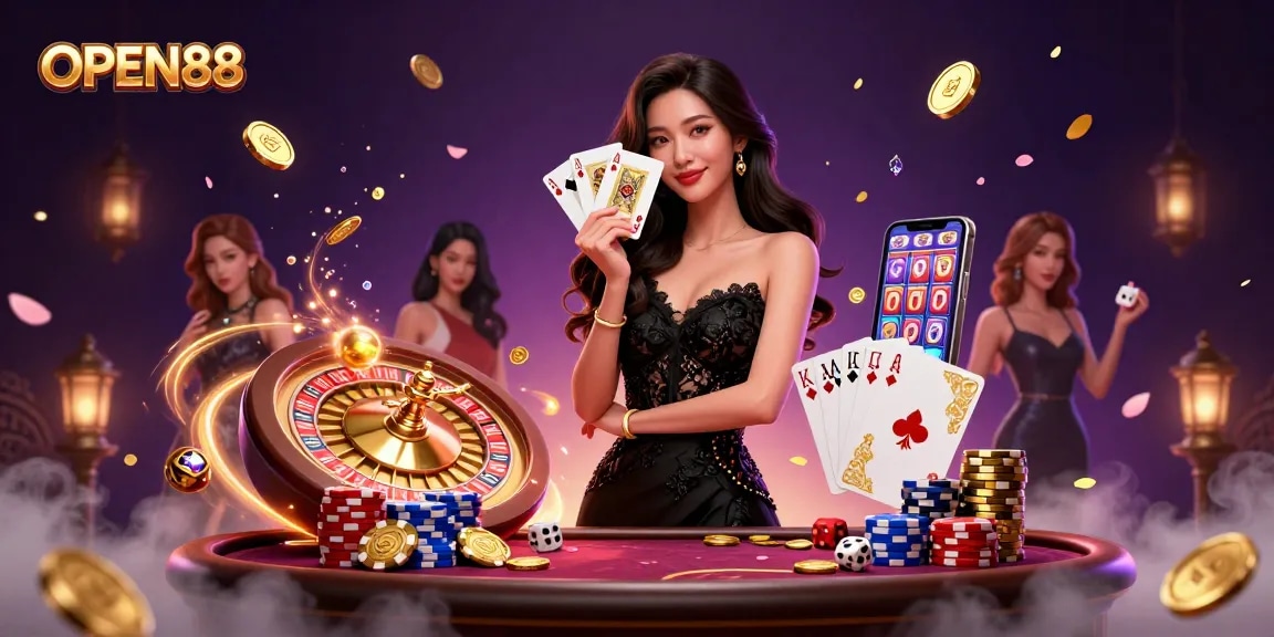 Join the exciting world of OPEN88 with a stylish Asian woman showcasing her gaming prowess at a lavish casino.