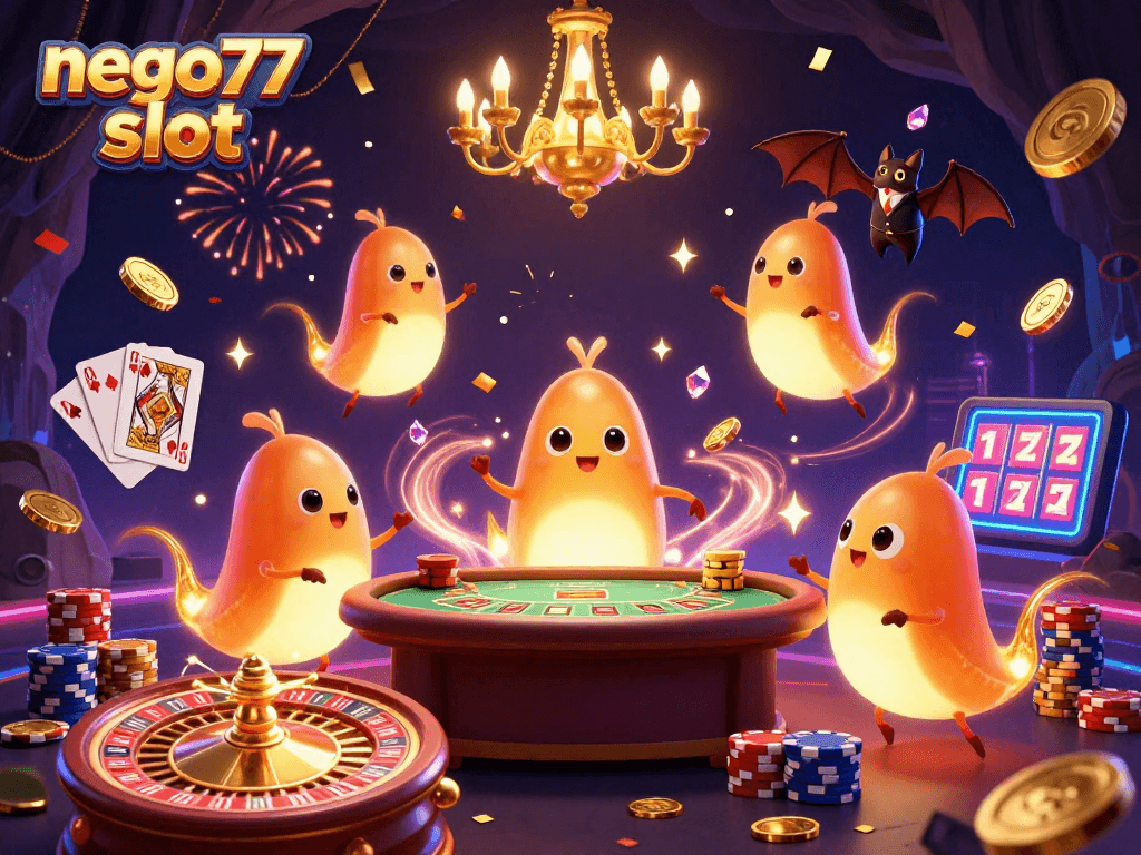 Engage with the thrilling nego77 slot experience surrounded by animated casino characters.