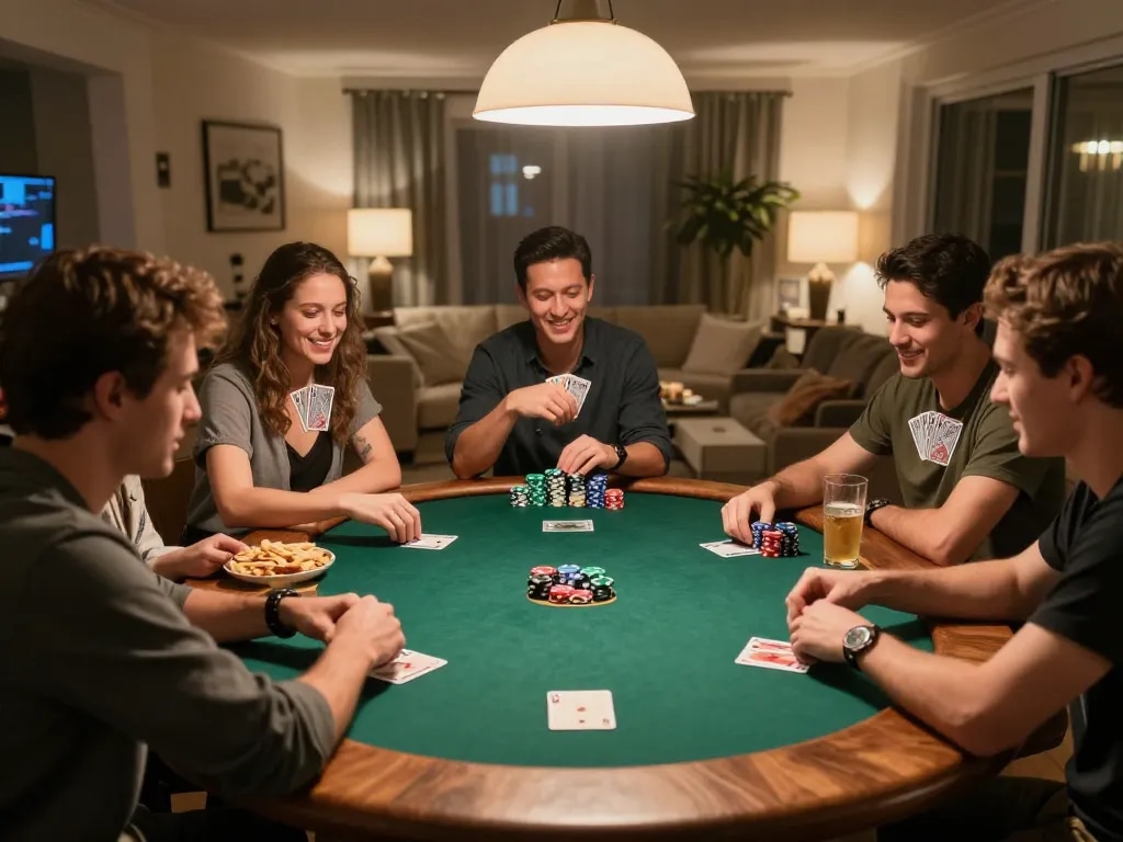Friends enjoying a poker night at home, with lively atmosphere and strategic gameplay featuring sc88e.