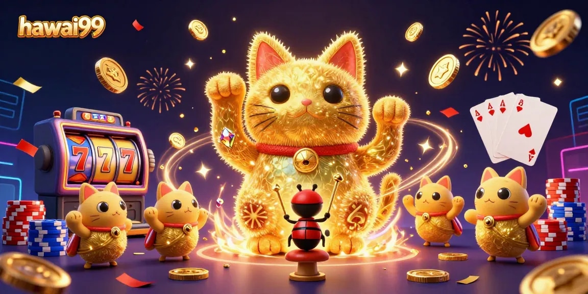 Play and win at hawai99 with an exciting illustration featuring a lucky cat, coins, and more.