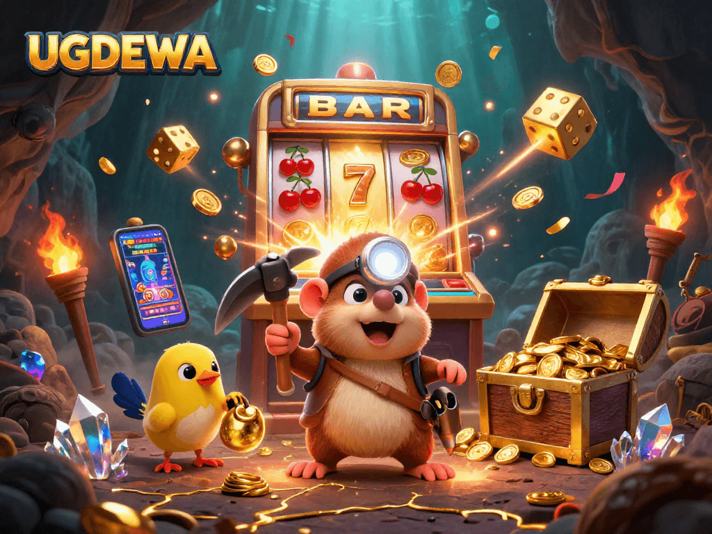 Spin the reels with UGDEWA as the treasure hunter mole and canary reveal casino surprises in a vibrant 3D scene.