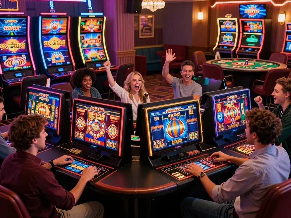 Exciting Slot88 gaming scene at BIUSTOTO with diverse players enjoying vibrant online casino games.