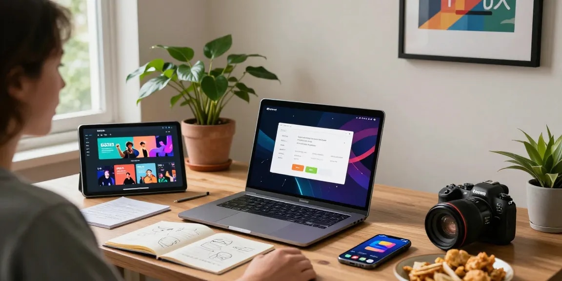Katsu5 resmi, pengguna menikmati platform hiburan digital di ruang kerja nyaman dengan berbagai perangkat elektronik.