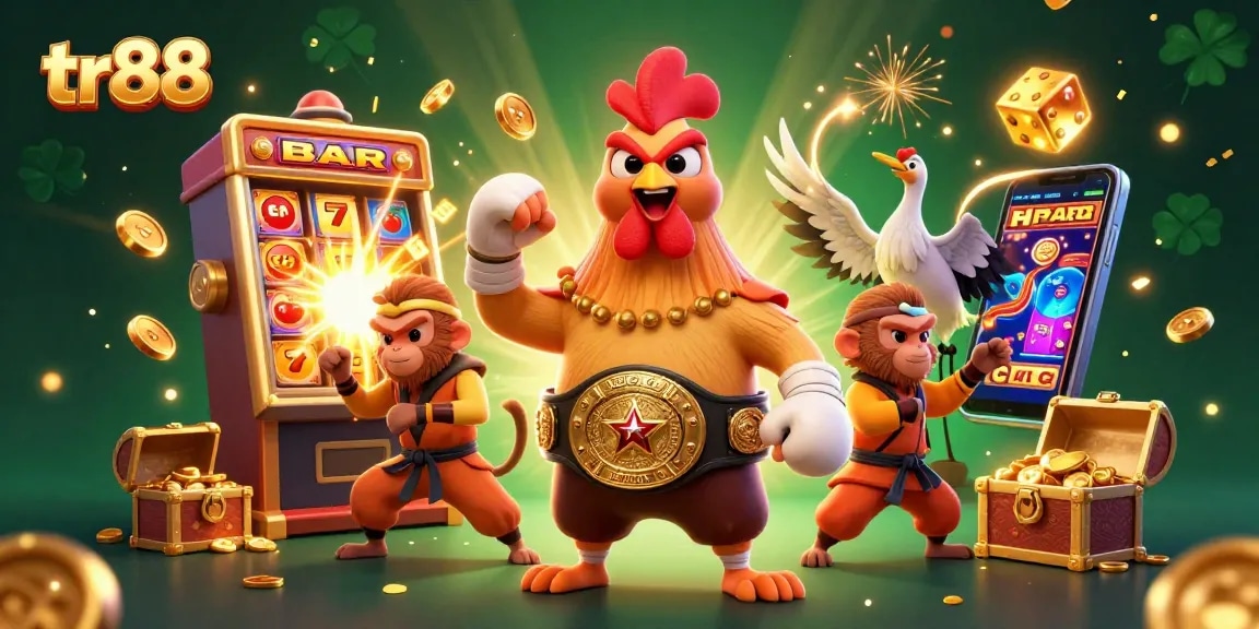 Experience thrilling gaming action with TR88's vibrant 3D casino illustration showcasing dynamic characters and elements.