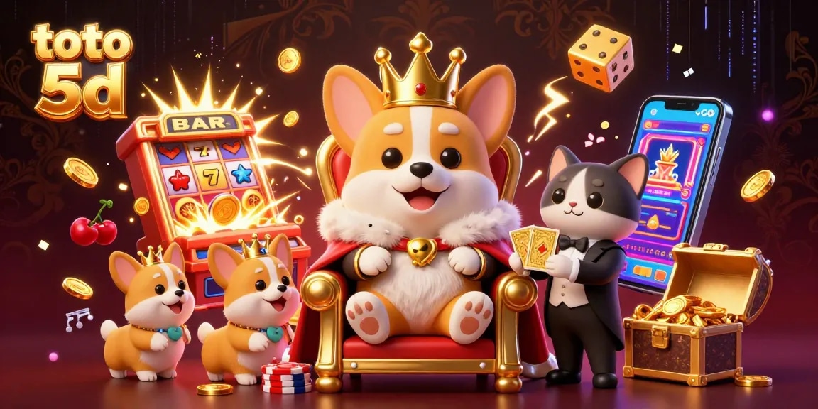 Engage in the thrilling world of toto 5d, featuring a royal corgi on a chip throne with a cat butler presenting a golden card deck.