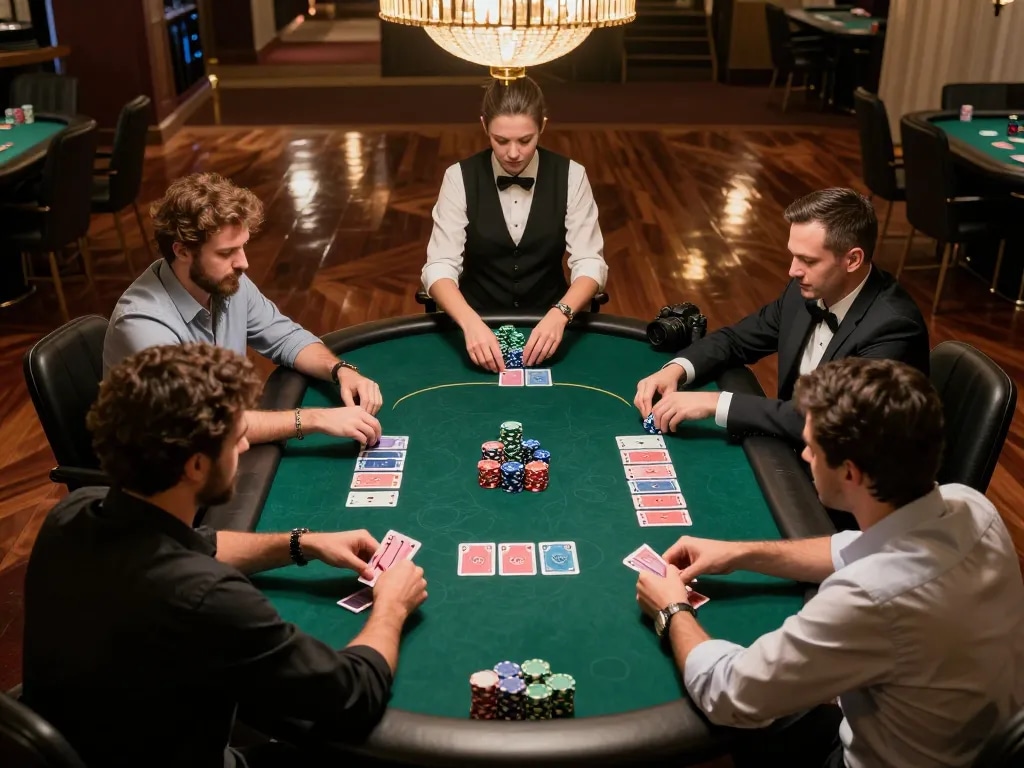 Players engage in a thrilling poker game at 78win, showcasing intense gameplay with vibrant chips.
