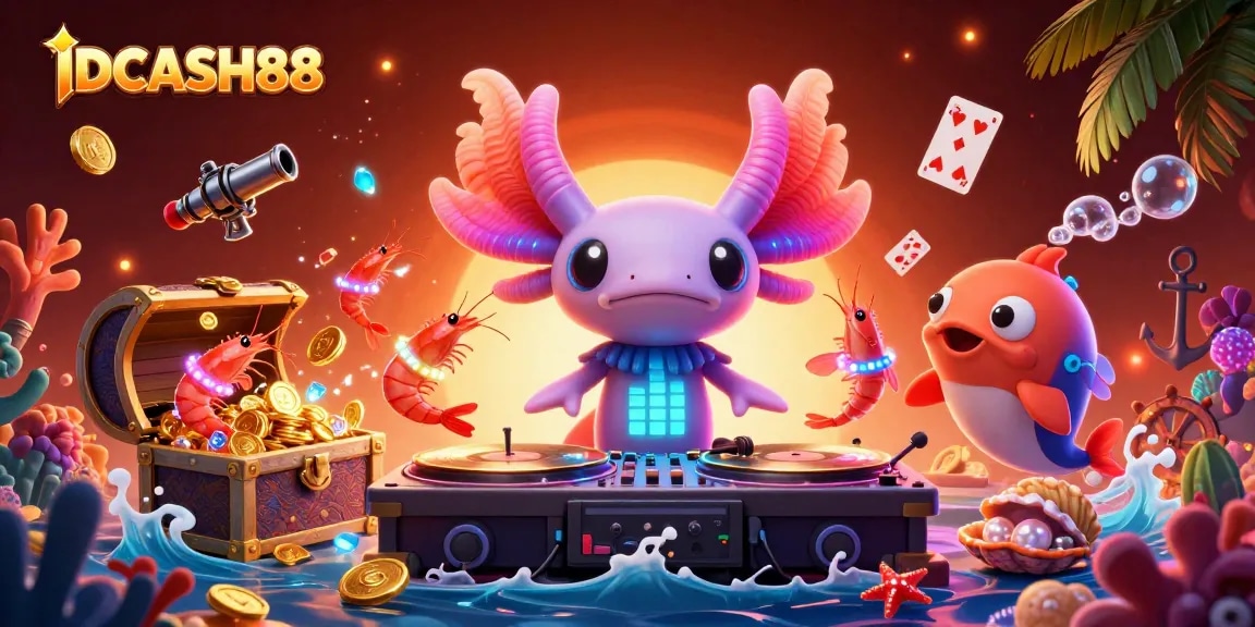 Experience the exciting gameplay of IDCASH88 with dancing shrimp, a DJ axolotl, and vibrant casino elements.