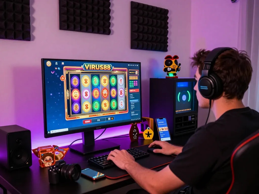 Pemain terlibat dengan permainan slot online VIRUS88 dalam pengaturan permainan yang cerah, menyoroti pengalaman yang imersif.