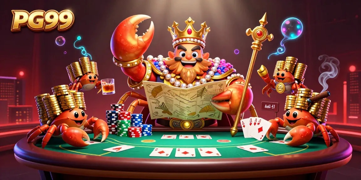Experience PG99's vibrant casino atmosphere featuring a golden crab emperor presiding over a poker table.