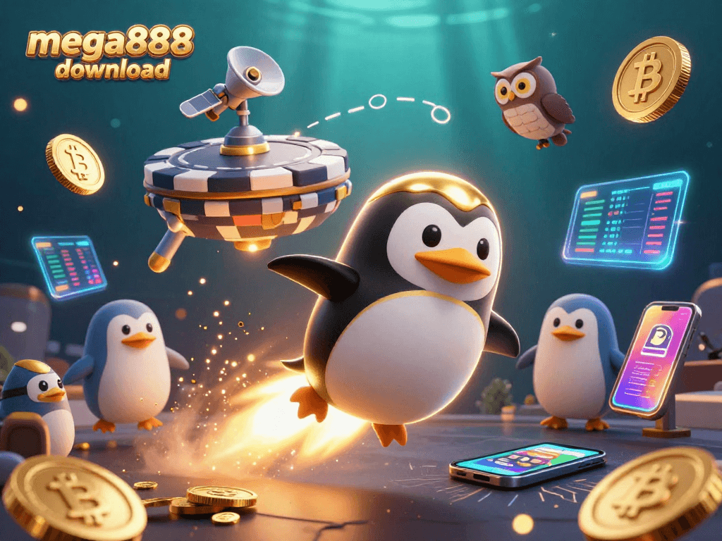 Muat turun mega888 dengan penguin emas berkuasa roket, mempersembahkan permainan kasino dalam gambar 3D menarik.