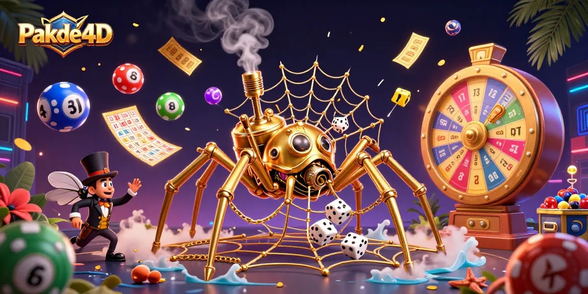 Pakde4D showcases a lively lottery scene featuring colorful balls and a steampunk spider.