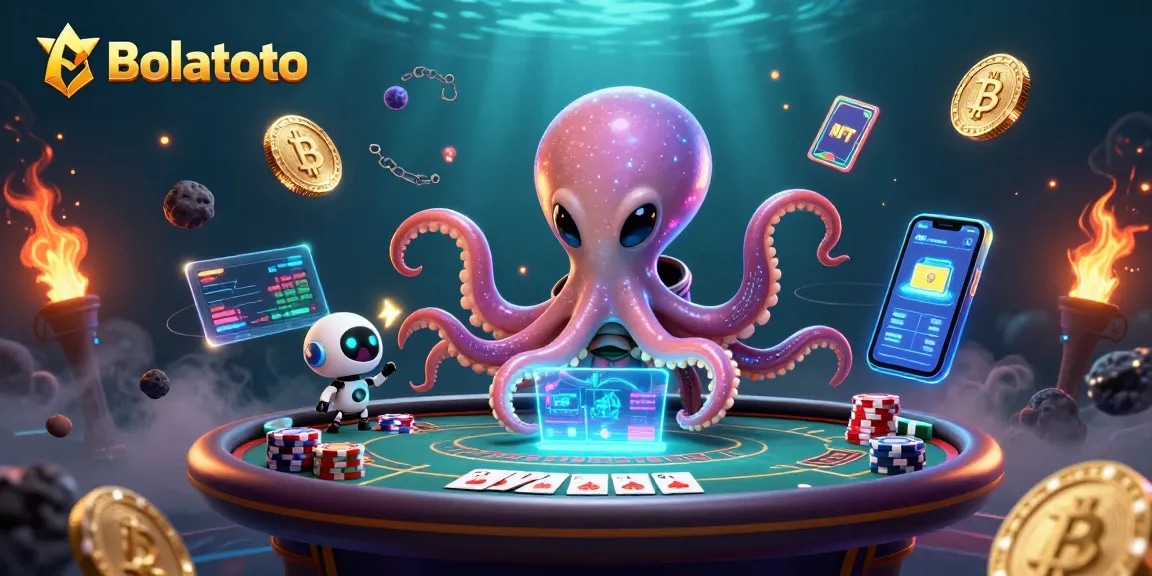 Engage with Bolatoto's vibrant alien poker scene blending crypto elements and excitement.