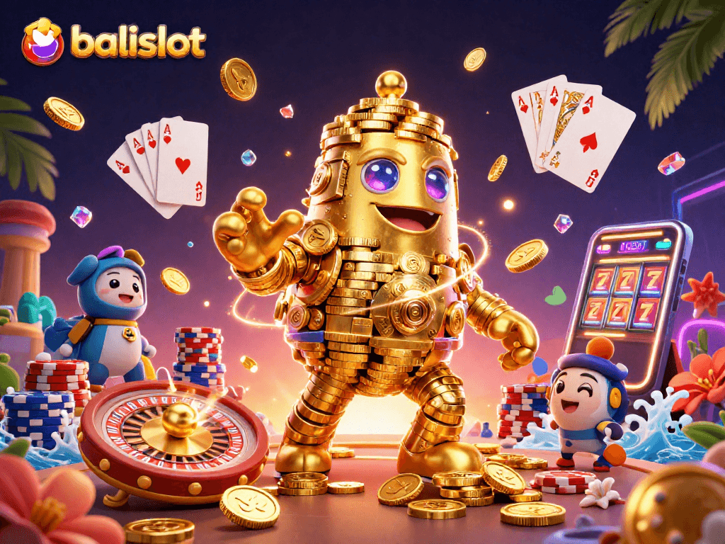 Bermain di situs balislot dengan golem emas dan simbol mesin slot yang megah.