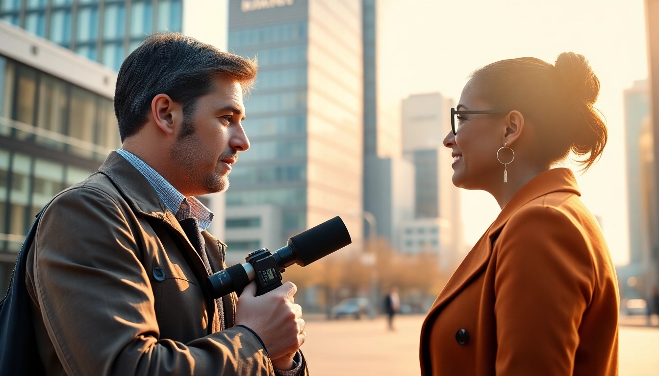 Capture a moment from https://www.thedailynewsonline.com's lively news reporting scene, showcasing a journalist's interview.