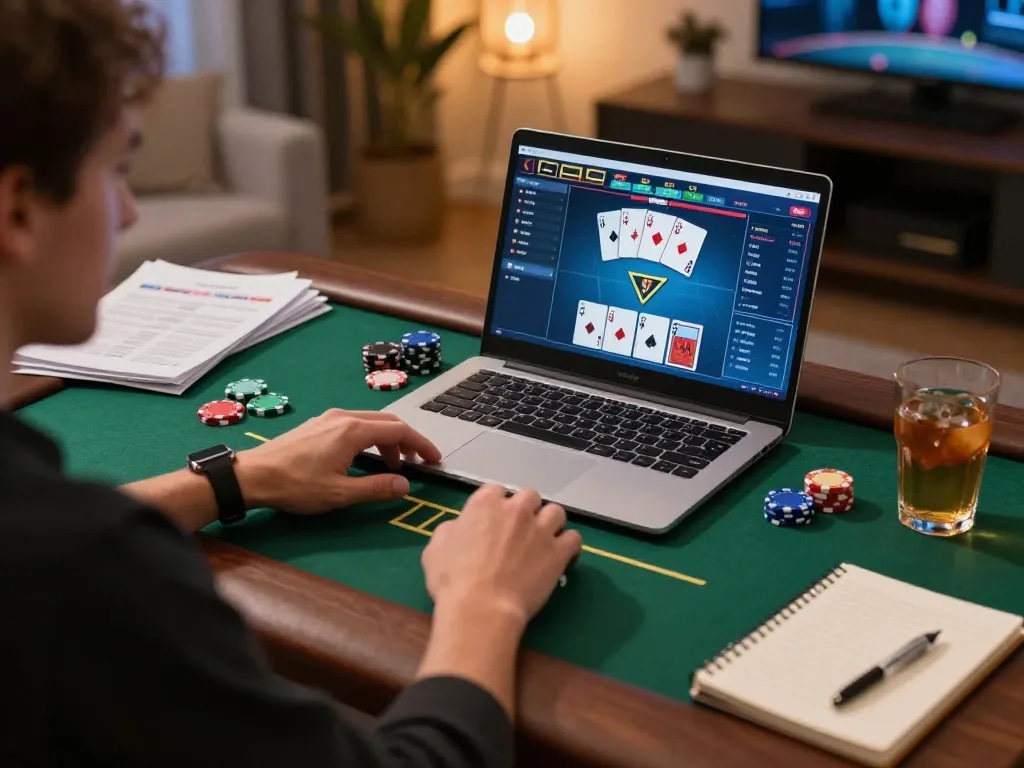 79king player engaging with online poker at home, showcasing a cozy gaming setup and strategic focus.