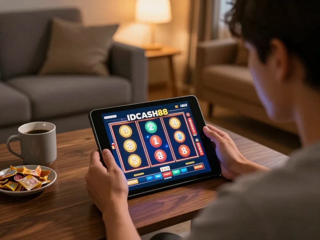 Player engaged with IDCASH88 slot game on tablet in cozy living room, showcasing a casual gaming atmosphere.